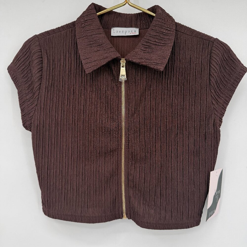 LovePoem Espresso Brown Zip-Front Collared Textured Top Size M NWT